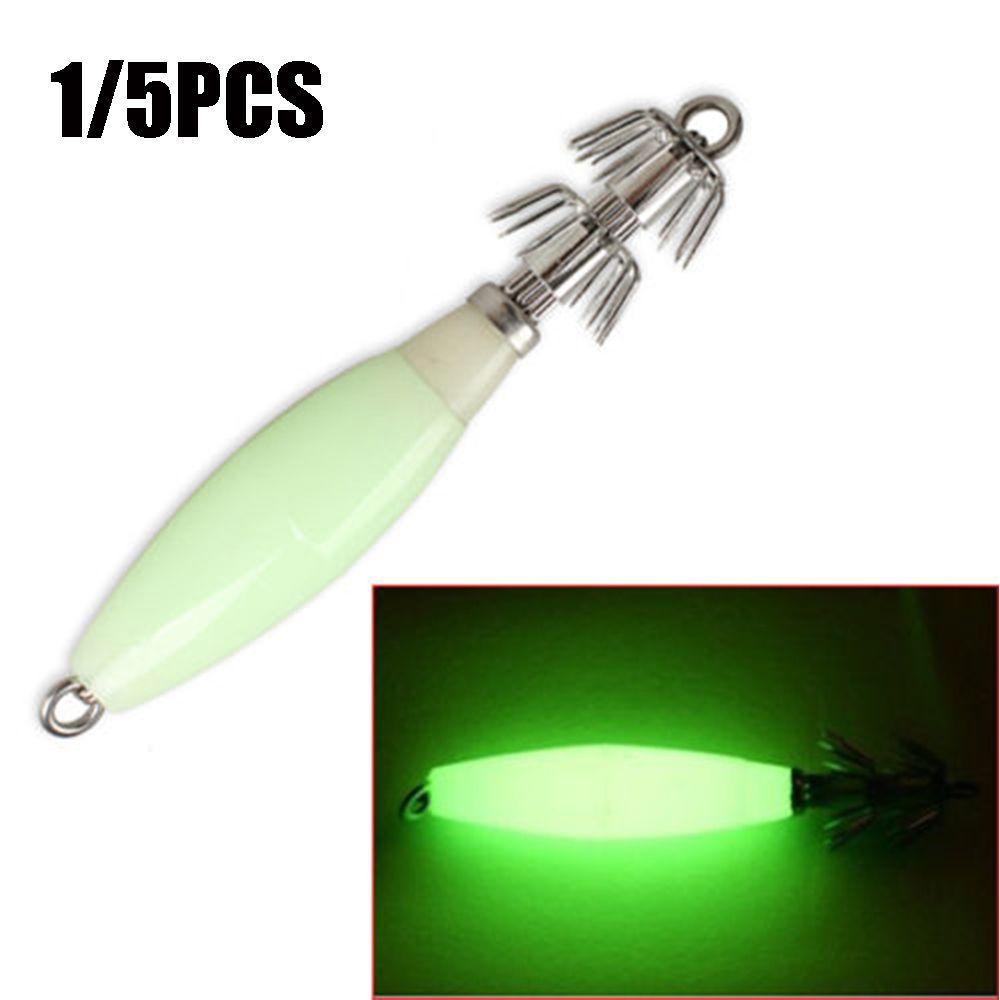 1/5PCS Noctilucent Jigs Luminous Squid Hook Wood Shrimp Lures Fishing Tackle Octopus Bait