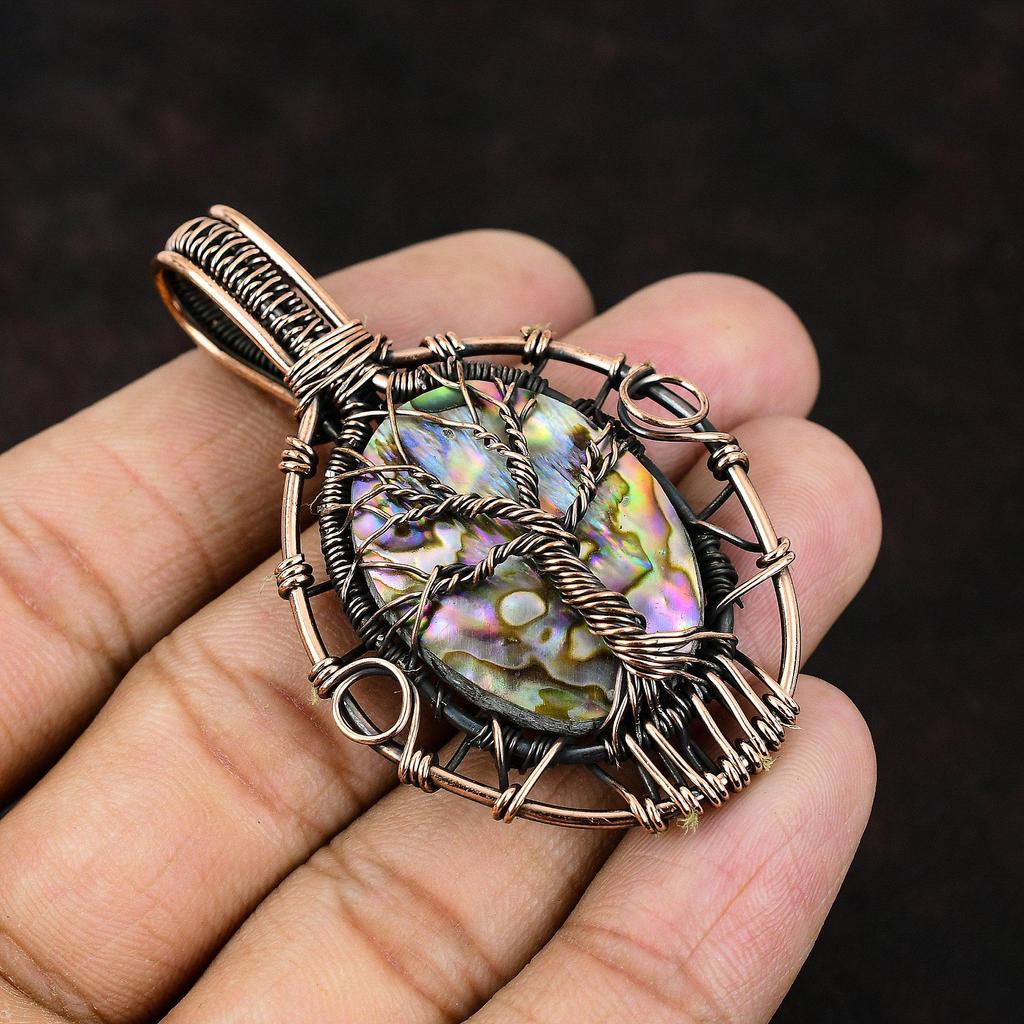 Древо жизни Подвеска из ракушки морского ушка Медная проволока Обернутая подвеска Драгоценный камень Медные украшения Подвеска ручной работы Подарок для него Ювелирные изделия из ракушки морского ушка