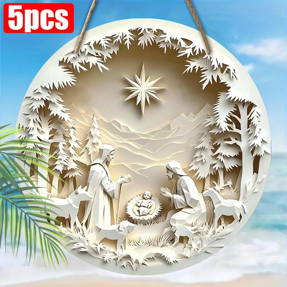 5 шт. Рождественский вертеп, деревянная табличка, 2D, плоский рельефный эффект, Иисус гонится за потерянным ягненком, круглая табличка для настенного декора входной двери, идеальное рождественское украшение