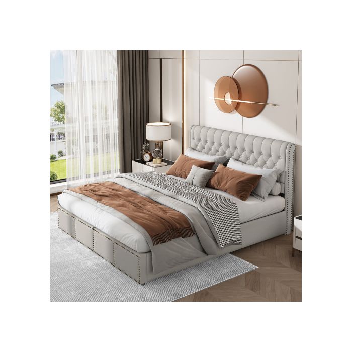 Lit - MUVOE - 180 x 200 cm - Rembourré en lin de coton - Gris clair - Avec tiroirs de rangement