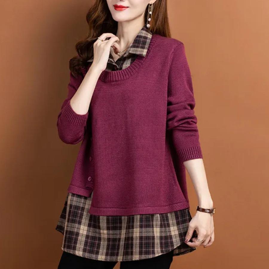 Fake Two Piece Women's Pullover Tops Solid Lapel Long Sleeve Shirt Knitted Sweater Fashion Buttons Loose Base Sweater