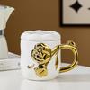 Ins Light Luxury Gold Plated Handle Office Couple Ceramic Mug Small Flowers with Lid Cup Event Gift
