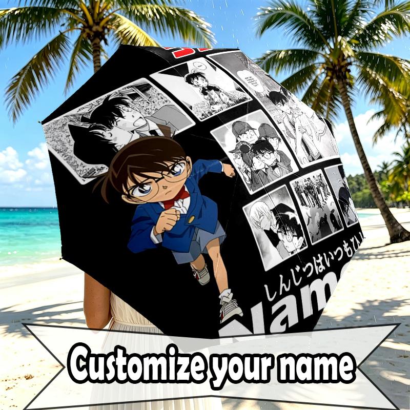 Custom Name Personalized Detective Conan Print Umbrella, Auto Open Close, 8‑Rib Sturdy Frame, Commute Camping Hiking Use, Birthday Gift
