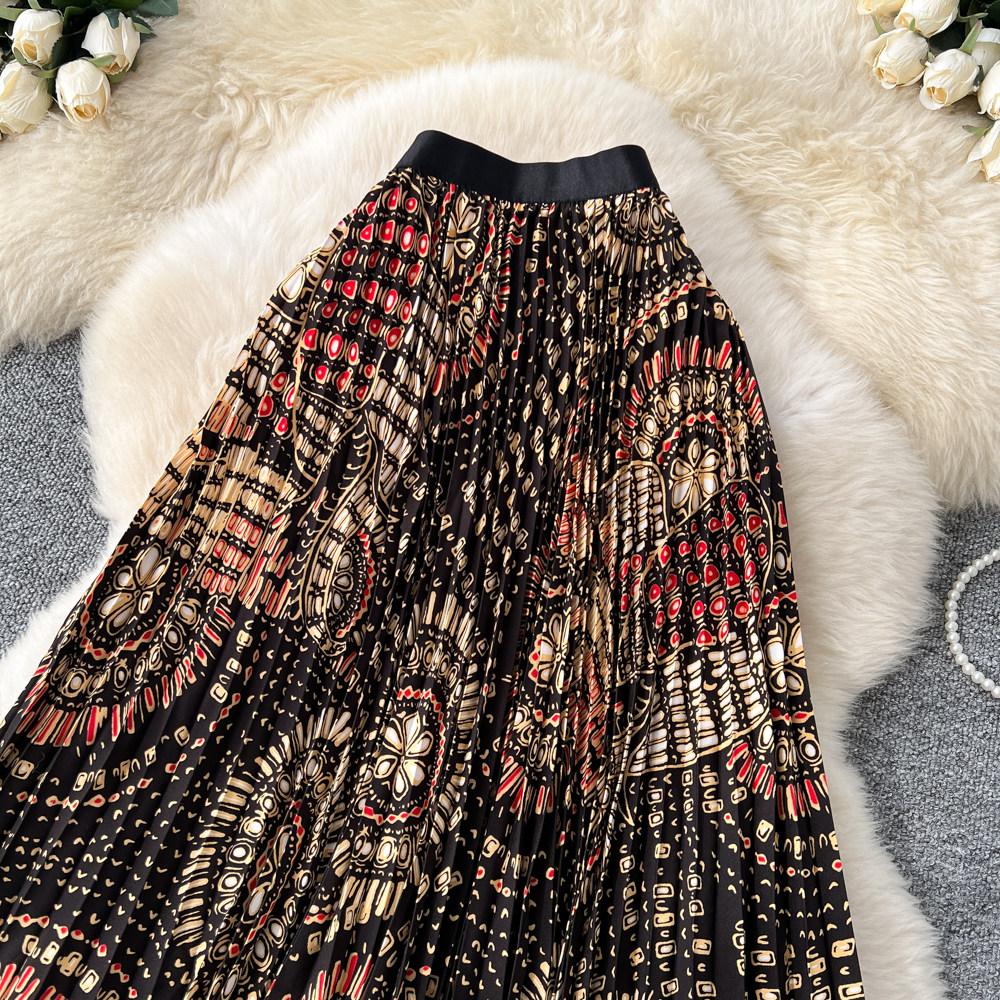 Весна Лето Женская Элегантная Юбка Макси с Принтом, Эластичной Талией и Плиссировкой для Пляжного Отдыха, Только Один Размер