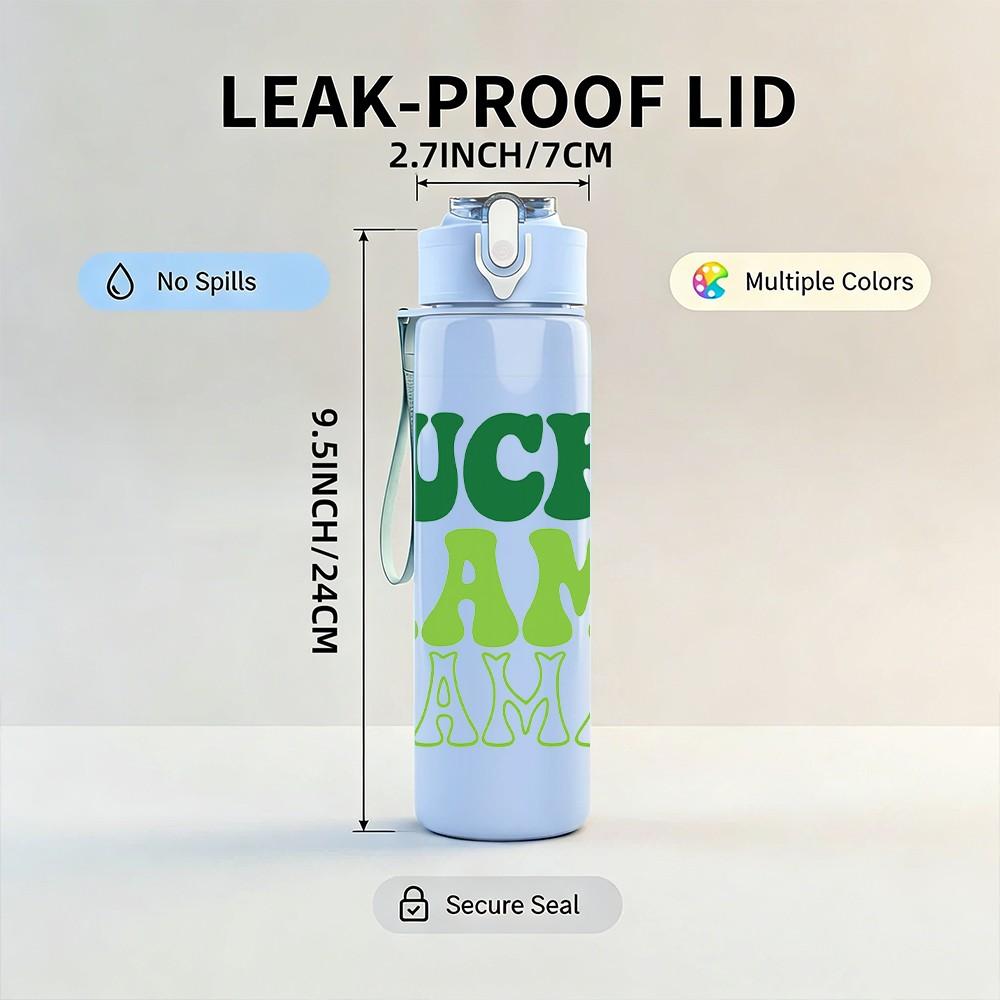 1PC Lucky Mama Green Letter Print 750ml Color Plastic Sports Water Bottle Leakproof Flip Straw Lid Suitable for Sports Office Home Use