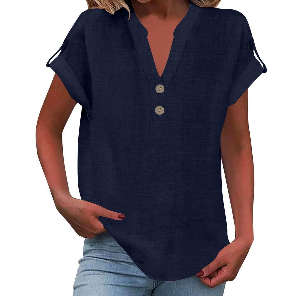Women's Fashion Casual Solid Colour V-Neck Short Sleeve Button Down Shirt T-Shirt Top