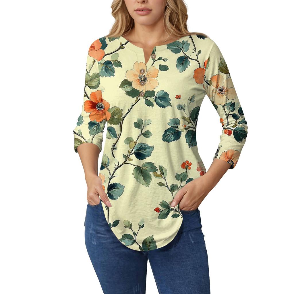 3/4 Length Sleeve Womens Tops Summer T-Shirts Floral Print V Neck Casual Basic Tee Button Shirts Tunic Tops
