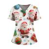 Women's Christmas Print V-Neck Double Pocket Short Sleeves Hem Slit Uniform And Caregiver Top