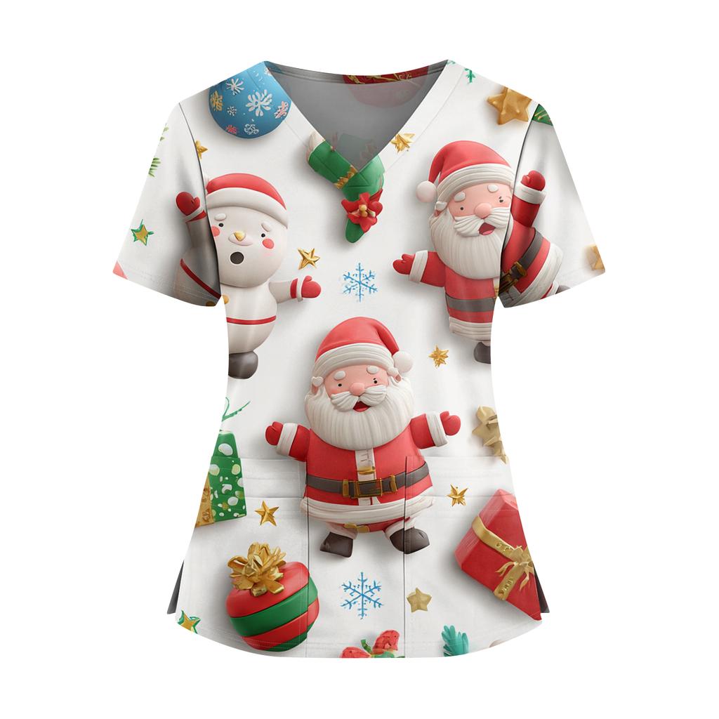 Women's Christmas Print V-Neck Double Pocket Short Sleeves Hem Slit Uniform And Caregiver Top