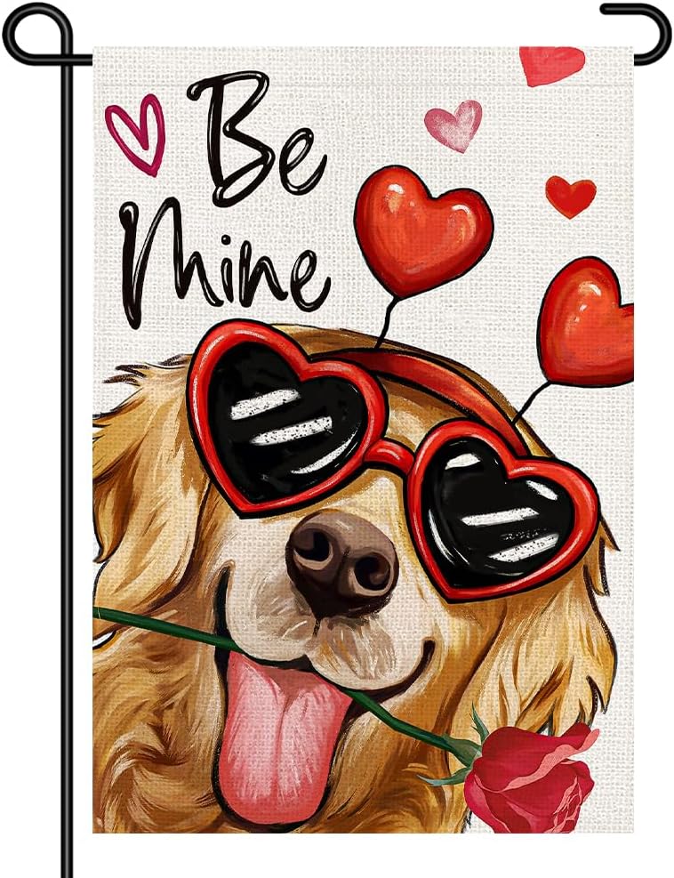 Valentines Day Garden ag 12x18 Inch Double Sided, Cute Dog Lover Yard Sign with Heart Glasses and Rose for Front Porch, La LLX