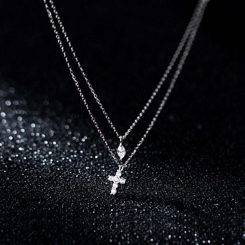 Real 925 Silver Double Layer Necklace Silver Shinying Zirconia Leaf and Cross Pendant for Women Wedding Party Jewelry