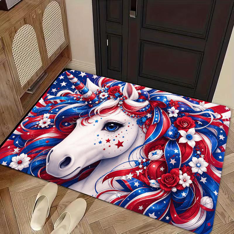 1pc Unicorn Stars & Stripes Mat Suitable for Home & Outdoor Use, Non-Slip Machine Washable with Unicorn & Flag, Room Entryway, Easy-Clean Polyester De