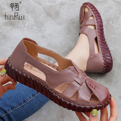 Кожаные туфли с перфорацией, сумка, голова полая, женские туфли, лето, удобная мягкая подошва, нескользящая плоская подошва, сандалии для пожилых ZXW