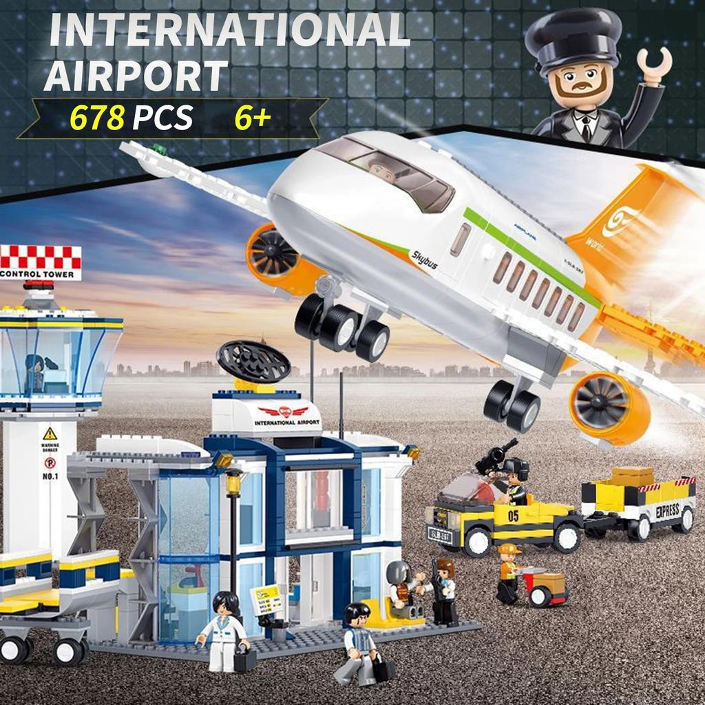 678PCS International Airport Building Blocks Passenger Aircraft Console Terminal Plane Model Brick Kids Educational DIY Toy Gift