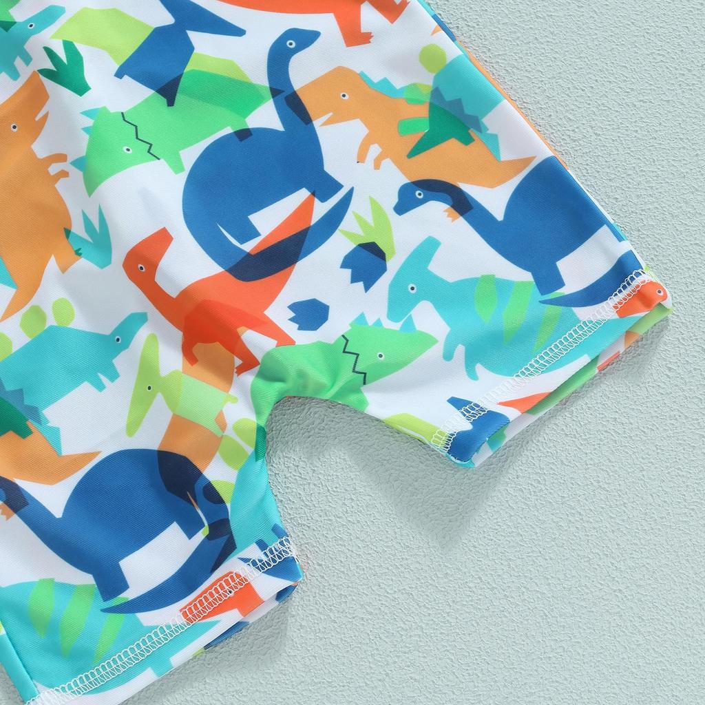 Детский купальный комбинезон для мальчиков, пляжные летние купальники для детей 1 года, 2 лет, 3 лет, 4 лет, 5 лет, 6 лет, с короткими рукавами, круглым вырезом, купальник с принтом динозавра из мультфильма, шорты + шапочка