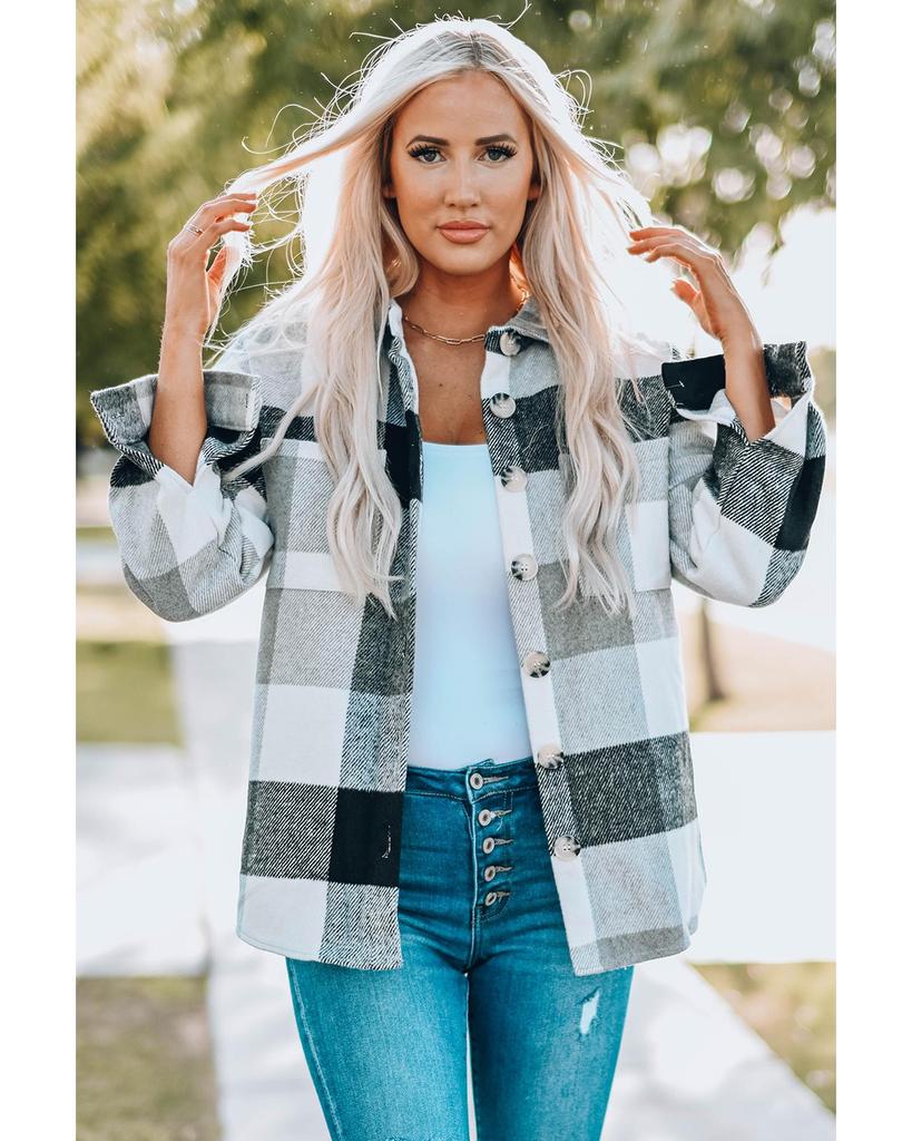 Azura Exchange Color Block Plaid Buttoned Jacket with Pocket
