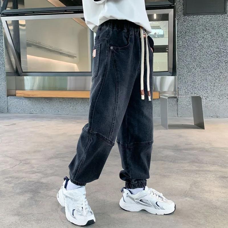 Джинсы для мальчиков весна-осень, черные, детские, свободные, повседневные, модные, спортивные брюки на шнурке