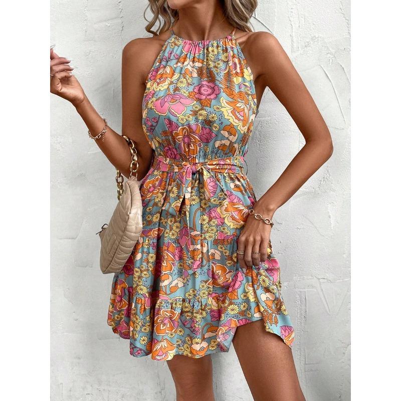 Женское платье весна/лето со шнуровкой и принтом, халтер средней длины