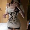 Sexy Women's T-shirts Hollow Out Design Tees White Printed Tops Short Sleeve Girls Y2K T-shirts Workout Street Wear