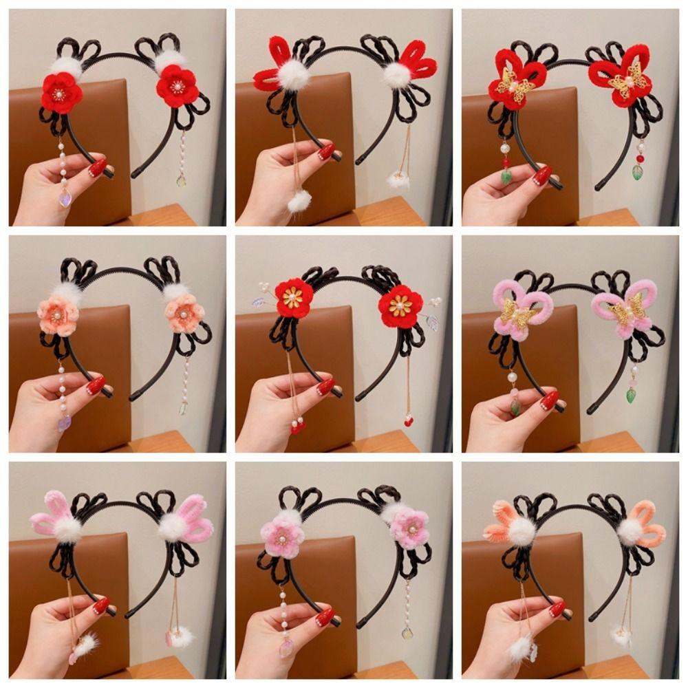 Детская повязка на голову с цветочной кисточкой, повязка на голову в китайском стиле, новогодний головной убор, обруч для волос Hanfu