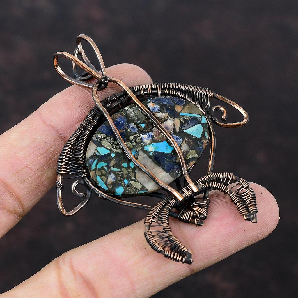 Медный кулон с мульти-бирюзой, кулон, обмотанный медной проволокой, ювелирные изделия из драгоценных камней, ручная работа, кулон в виде черепахи, украшения из медной проволоки, подарок для мамы