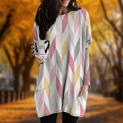 Новинка осени с принтом в форме ромба и квадрата большого размера Женское платье с круглым вырезом и длинными рукавами Повседневные платья с карманами