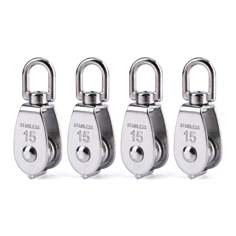 4pcs Silver Single Wheel Pulley 304 Stainless Steel Rope Pulley Block Snap Hook Pulley Lifting