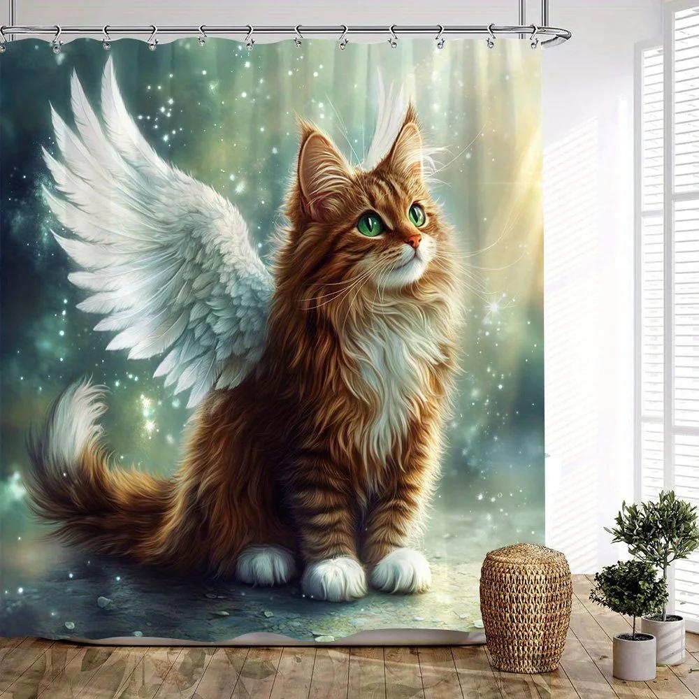 Водонепроницаемая шторка для душа Angel Cat с защитой от плесени - Волшебный дизайн для причудливого декора ванной комнаты