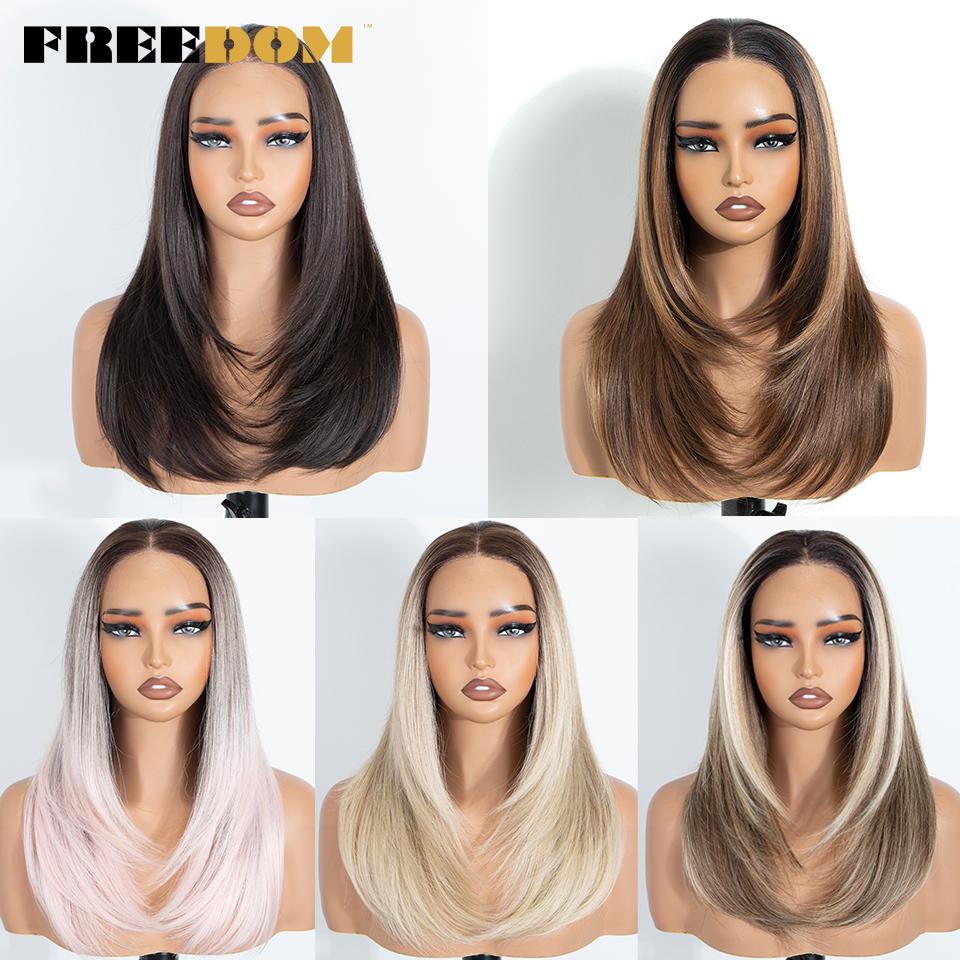 FREEDOM 13x3 Слоистые Синтетические Парик-сетка Спереди Для Женщин 18" Прямые Предварительно Остриженные Омбре Коричнево-Блонд Предварительно Выщипанные Косплей Парики-сетка