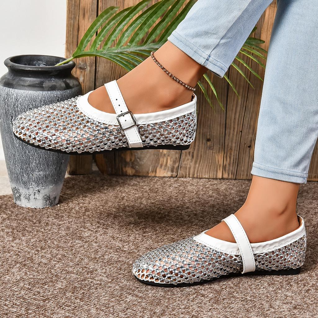 2024 Summer Mesh Buckle Hollow Breathable Flat Shoes Full Diamond Women's Sandals Hollow Fashion Single Shoes Fishing Net Shoes Women's