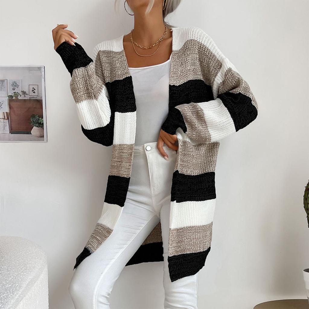 Women's Fashion Casual Long Buttonless Colorblock Sweater Cardigan Jacket