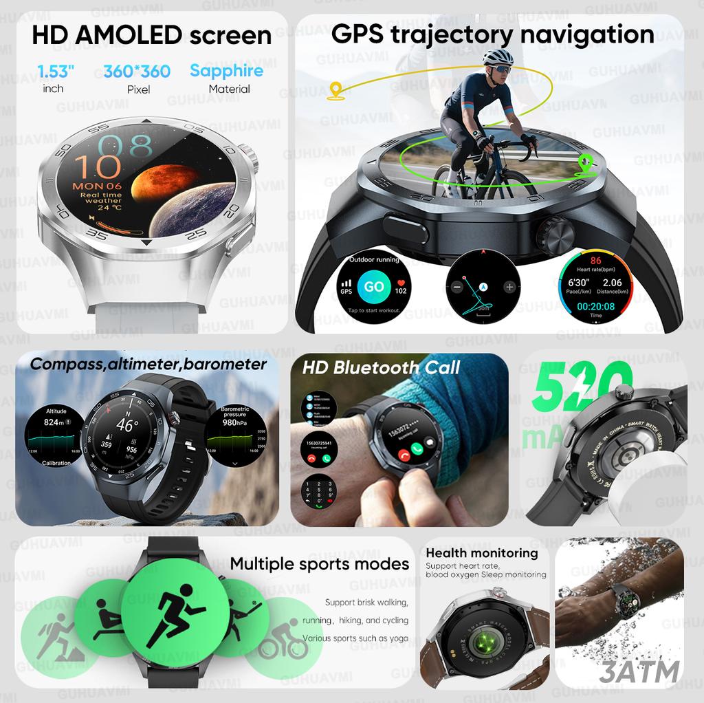 Новые умные часы с GPS-позиционированием для мужчин, 1,53-дюймовый AMOLED HD-экран, компас, датчик сердечного ритма, водонепроницаемость 3ATM, звонки, спортивные, деловые умные часы