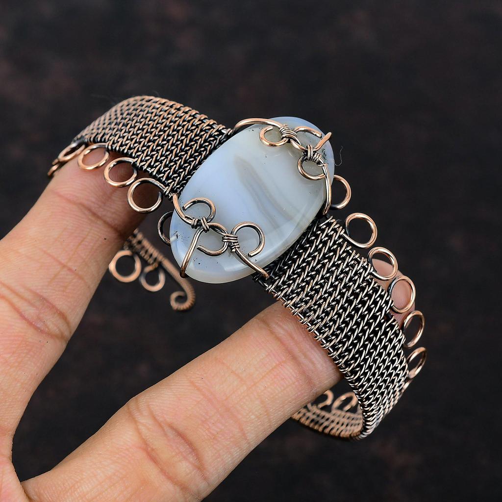 Botswana Agate Copper Bangle Copper Wire Wrapped Jewelry Handmade Gemstone Cuff Bracelet Adjustable Bangle Copper Wire Bangle Gift For Women