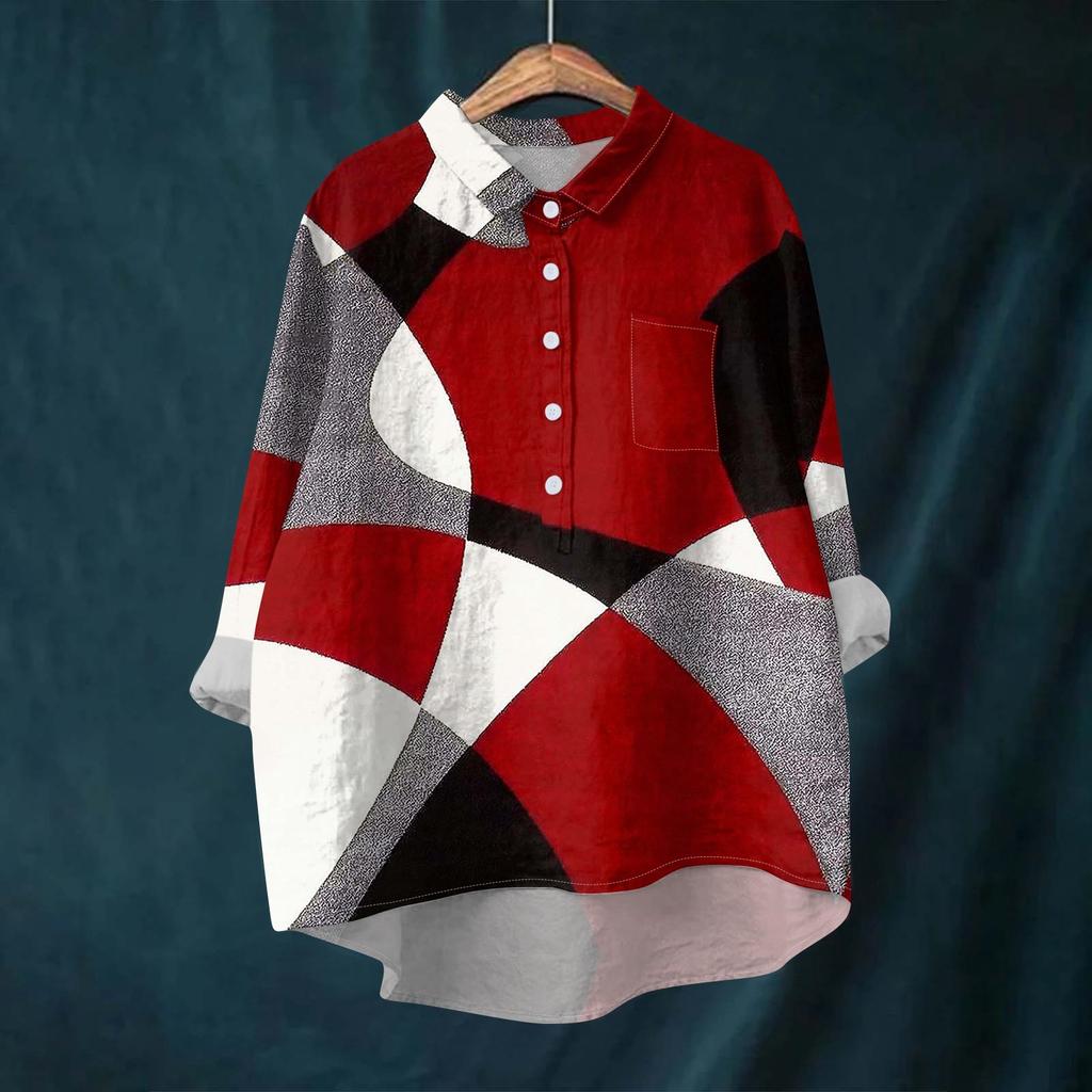 Женская рубашка-блузка с длинными рукавами и принтом на пуговицах, повседневный подол, нестандартный воротник рубашки