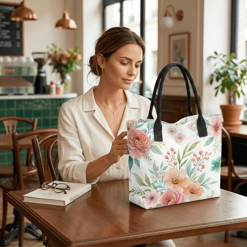 Floral Printed Tote Bag Casual Lightweight Canvas Handbag for Daily Use