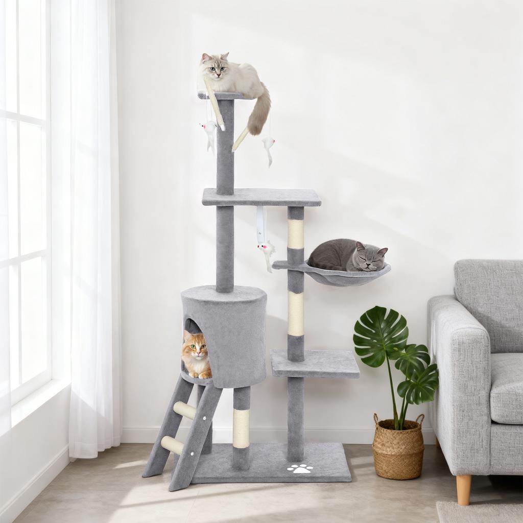 Multi-Level Cat Tower, 134cm Cat Tree with Condo and Sisal Scratching Posts for Indoor Kittens, Grey