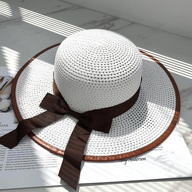 New big brim straw hat women's summer sunshade versatile bow seaside beach sunscreen straw sunscreen sun hat