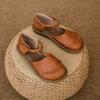Retro Classic Round Head Brown Leather Flat Comfortable Sandals 2025 Summer Trend New Ladies Casual Outdoor Daily Women's Shoes