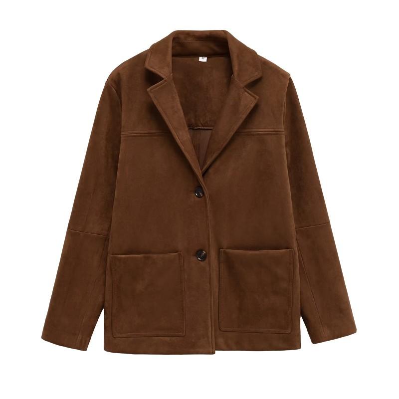 Womens Trendy Loose Fit Solid Color Blazer Coat Casual Velvet Textured Single Breasted Jacket