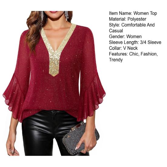 Женские топы с оборками и рукавами 3/4, блестящие, с пайетками, с V-образным вырезом, повседневные блузки, нарядные платья для осени и лета, с блестками, для свадьбы, для бизнеса, рабочие рубашки