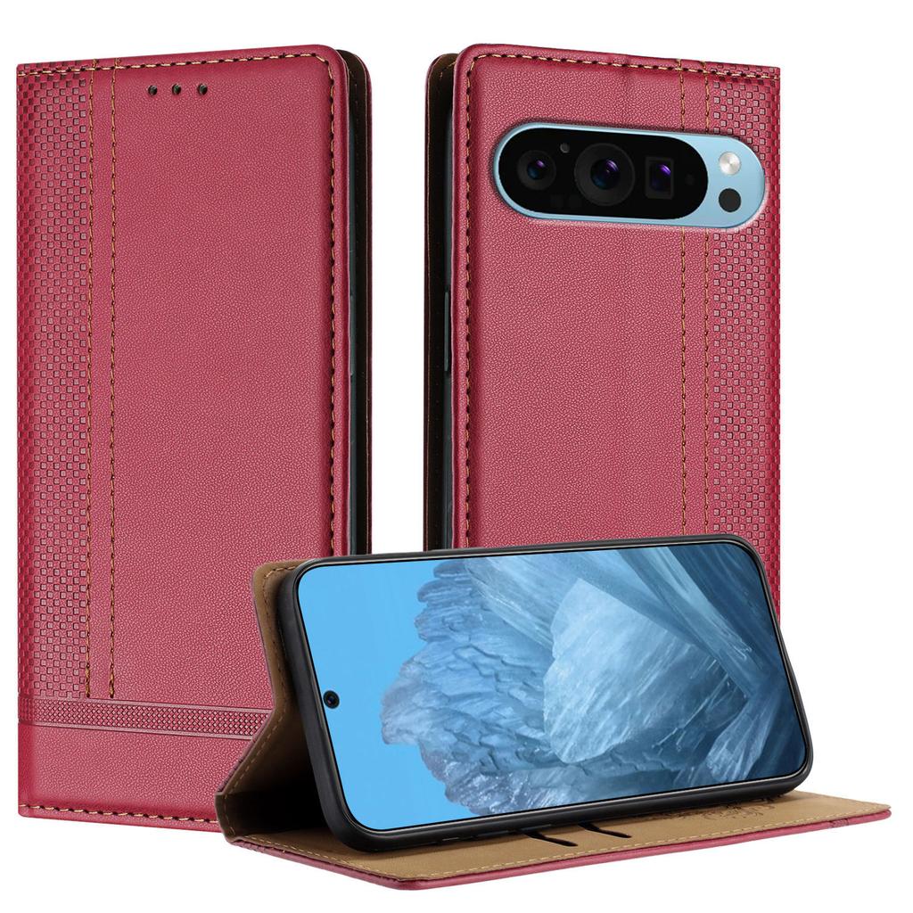 Для Google Pixel 9 Чехол Кожаный чехол-подставка с L-образным сетчатым узором и отделениями для карт