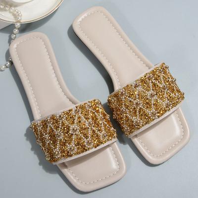 [Внешняя торговля] Женские летние шлепанцы на плоской подошве для внешней носки, модные повседневные сандалии с квадратным носком, украшенные жемчугом и стразами