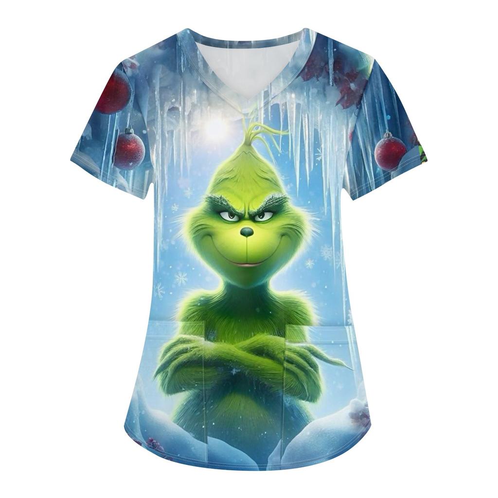 Женская рождественская печатная рабочая форма с V-образным вырезом и карманом, защитная рабочая форма