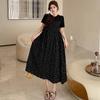 2025 Summer Plus Size Dress Women Casual Polka Dot Printing Vintage Dress Basic Loose Black O-Neck Long Dress