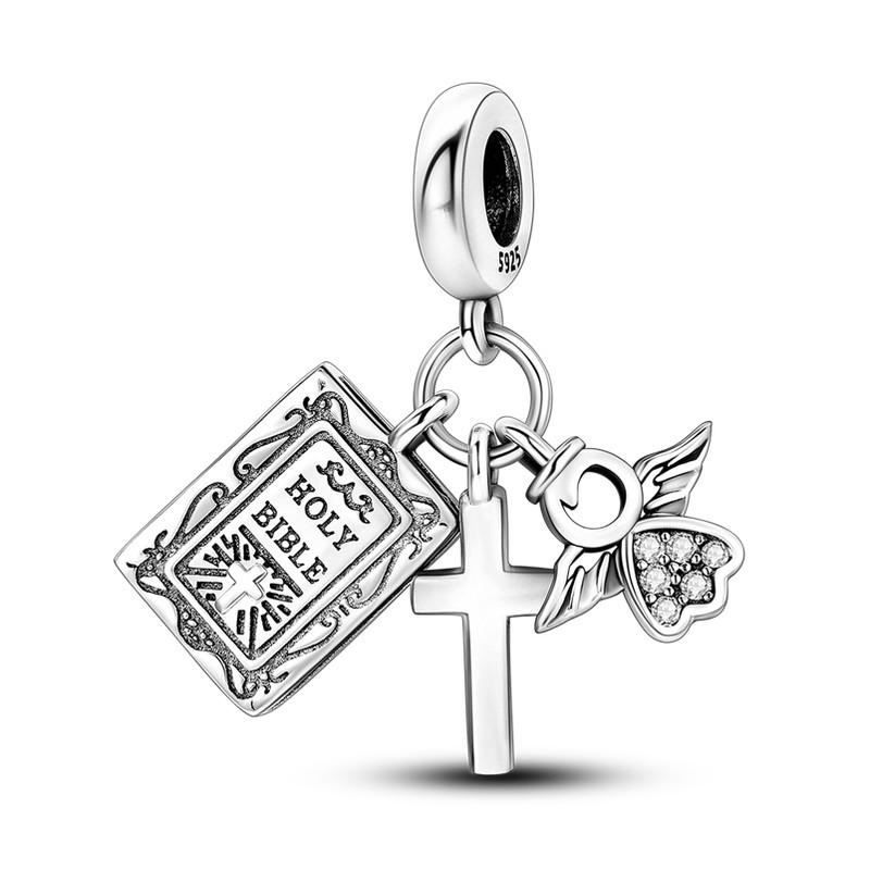 Cross Charms Fit Fashion Original Bracelets 925 Silver Pave Zircon Bible Bead Religion Holy Angel Safety Chain Charm DIY Jewelry