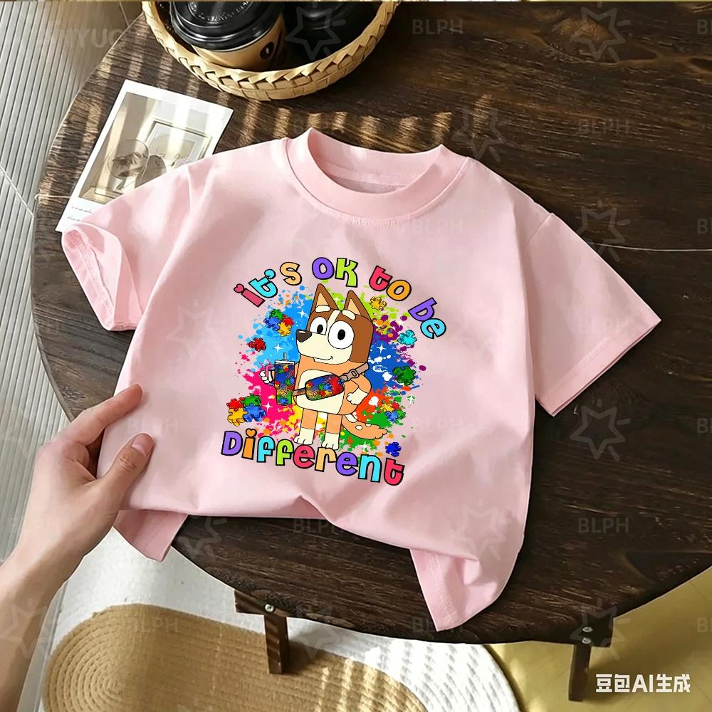Kids Bluey Cartoon Print T Shirt Its Ok To Be Different Autism Awareness Short Sleeve Tee For Boys Girls Casual Soft Tops