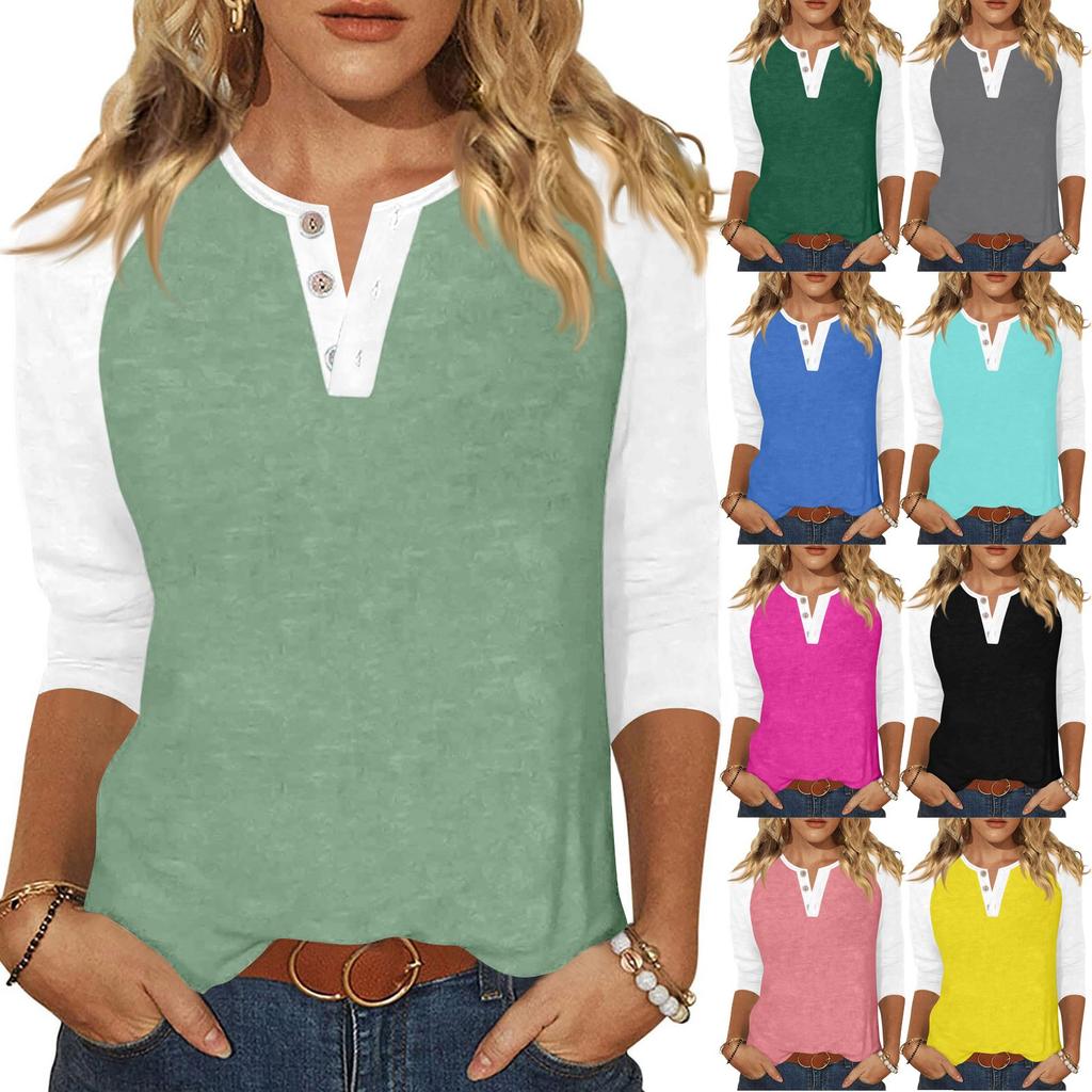 Жен. Футболка С принтом Пуговицы Рукав 3/4 Повседневные Выходные Мода Классический Классический V-образный вырез Обычный Верх