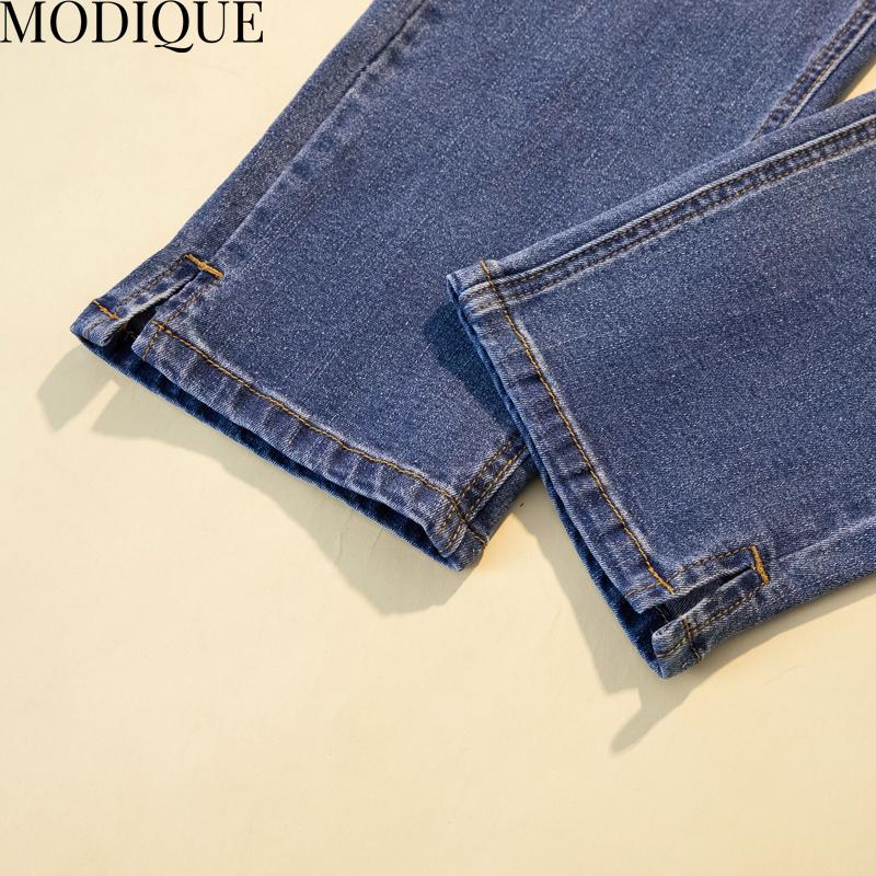 MODIQUE, весенние большие размеры, новые женские свободные винтажные прямые эластичные длинные джинсы с высокой талией, женские повседневные универсальные брюки, брюки