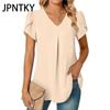 JPNTKY Women's Fashion Casual Summer Solid Color Print Short Sleeve V-Neck Blouses & Shirts
