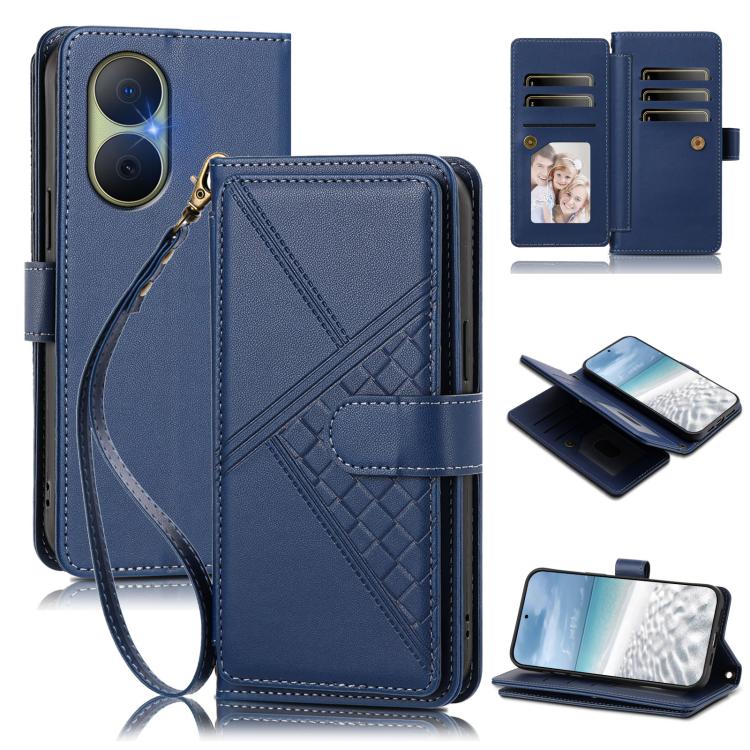 Embossed Secure Clasp 9-Card Slot Vegan Leather Phone Case with Wrist Strap